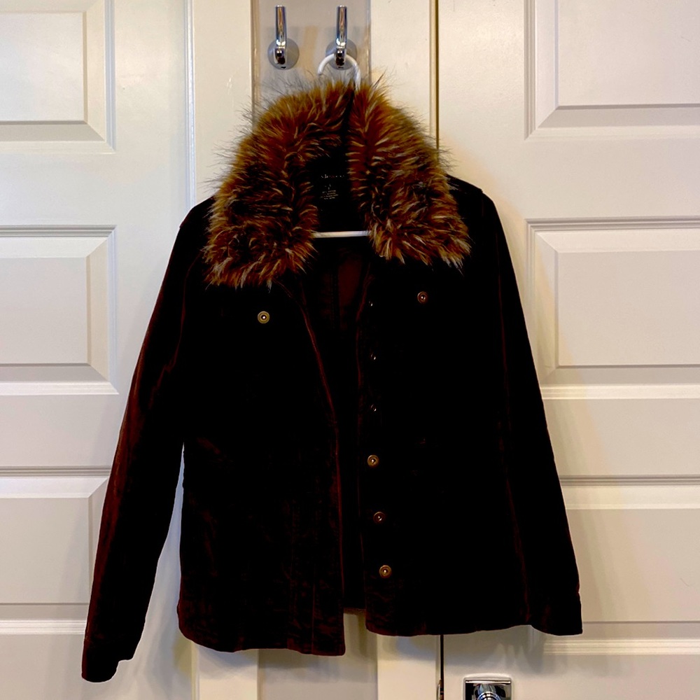 Corduroy brown jacket with faux fur neck